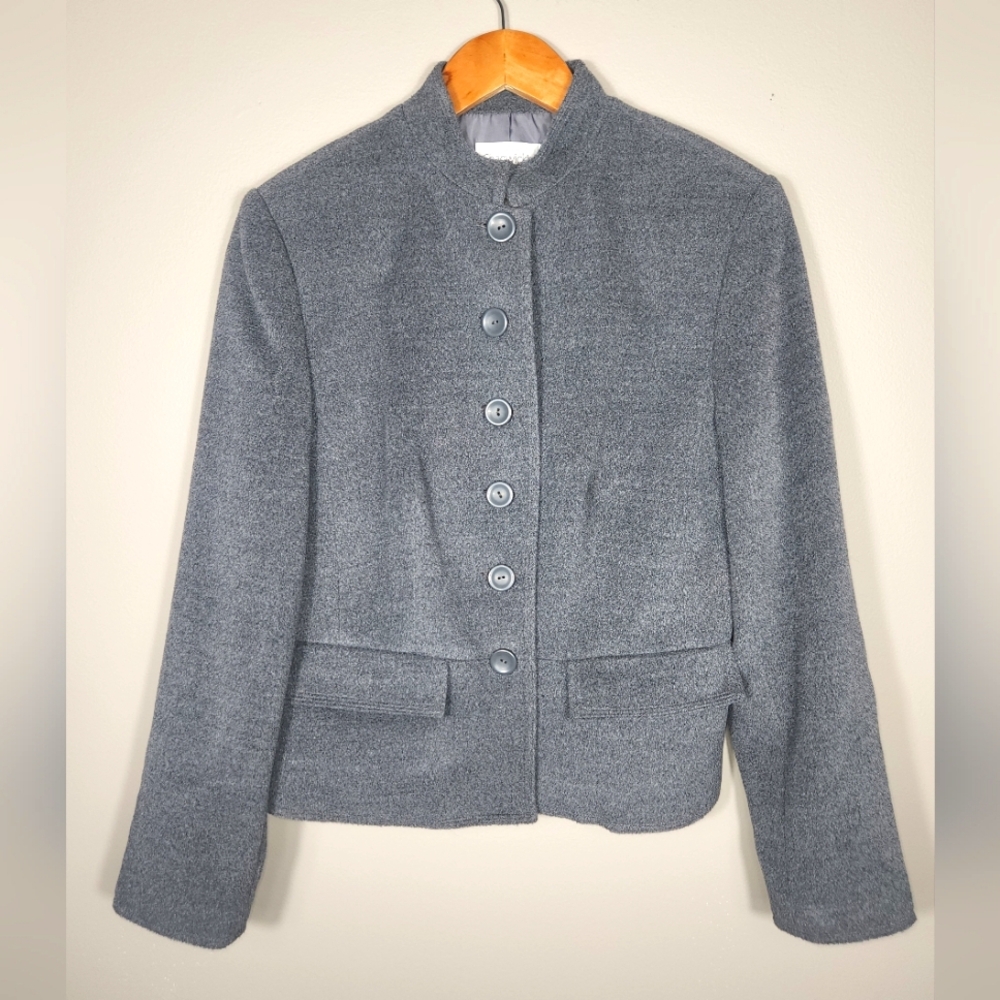 Chadwicks Wool Cashmere Blazer Jacket Grey Button Up Size 8 Collarless